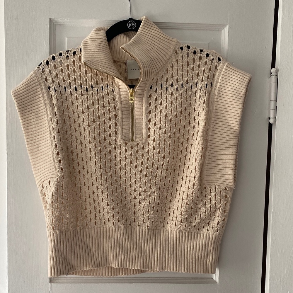 Varley Gaines Cream Knit Sleeveless Zip Mock Neck Tank